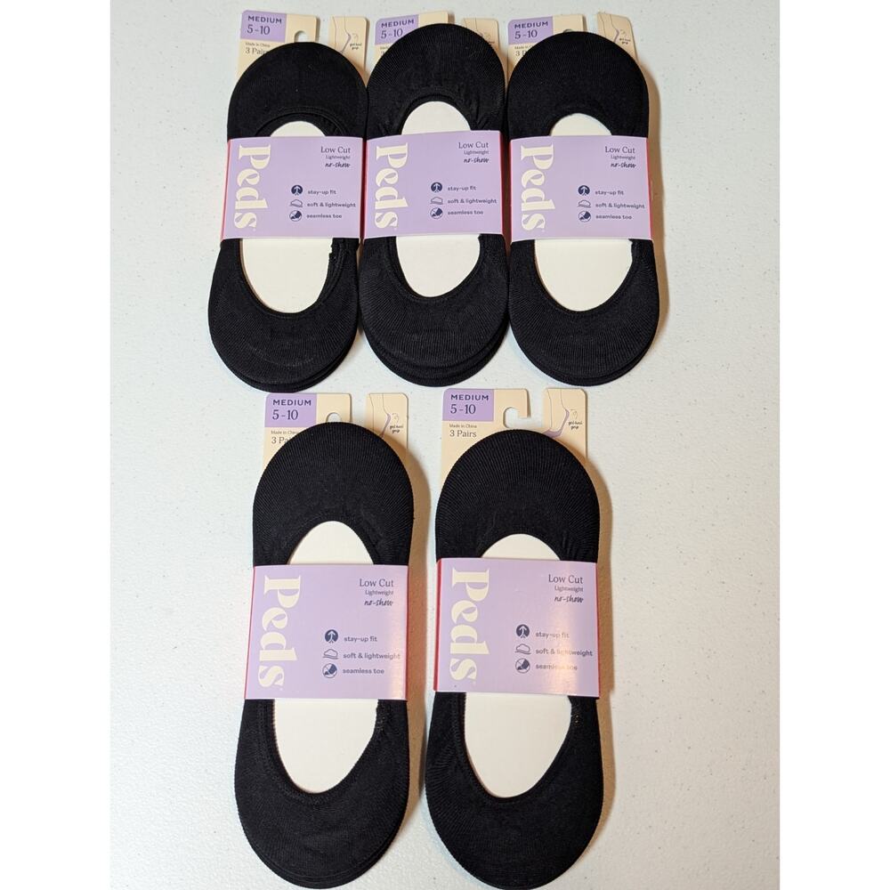 15 Pairs Peds Women's Size 5-10 Low Cut Lightweight No Show Liner Socks Black